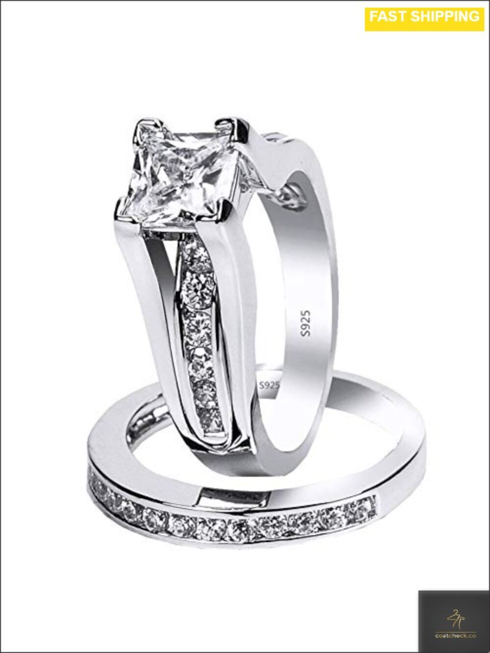 MABELLA 925 Sterling Silver CZ Princess Cut Solitaire Wedding Bridal Set